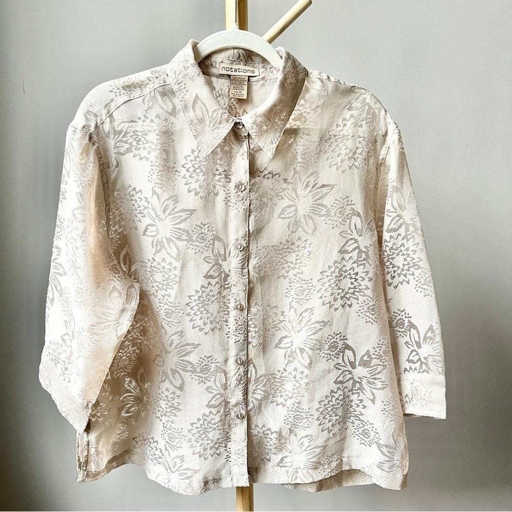 Vintage Semi Sheer Floral Top Women's XL Beige Boho Scandi Neutral Cottage Shirt